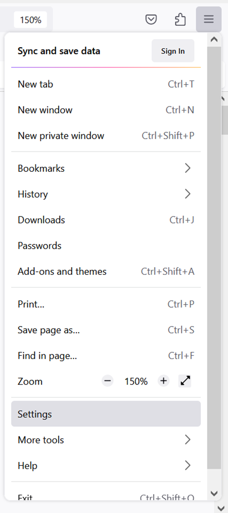 Firefox application menu, with settings highlighted